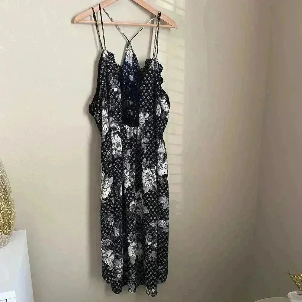 Free‎ People Black Floral Midi Dress Crochet Chest